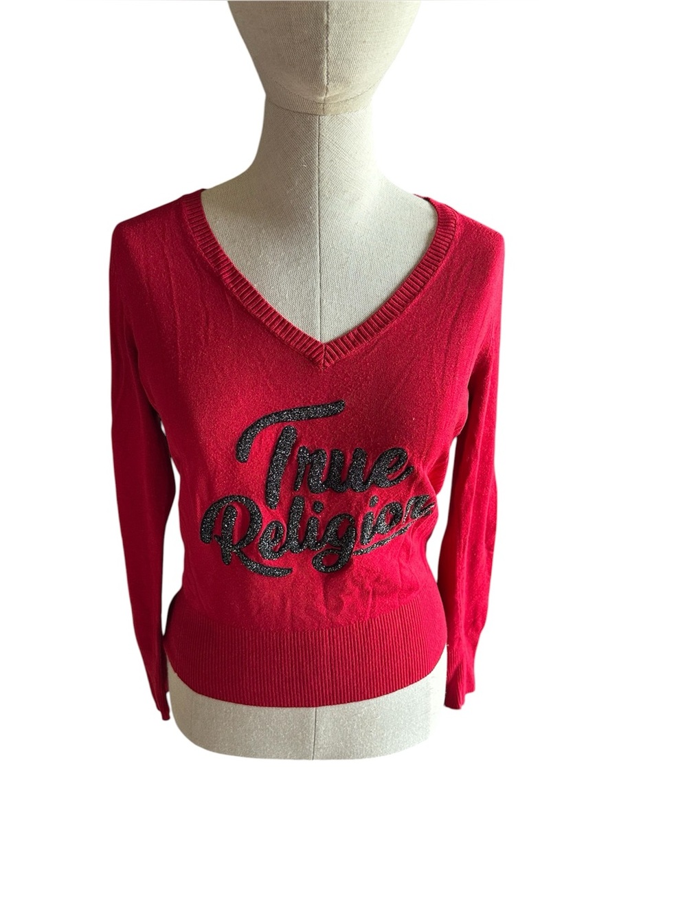 True Religion Red V-Neck Logo Knit Sweater